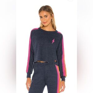 Aviator Nation Navy Crewneck Sweater with Pink & Orange Stripe Detail